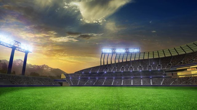 stadium Moving lights, animated flash  with people fans. 3d render illustration cloudy sunset