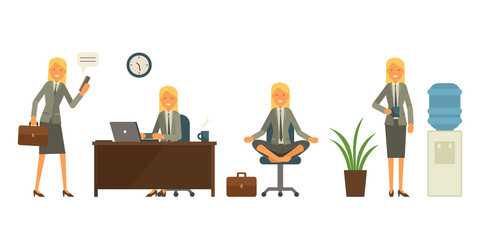 Cool vector flat design business characters. Corporate specialists friendly smiling. Woman going to work, drinking coffe, meditating and relaxing, hard working. On white isolated background.