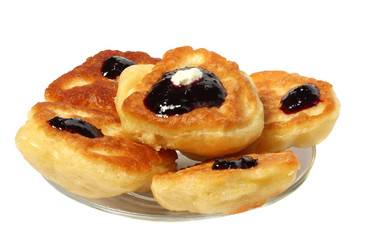 fritters with jam with tea isolated on white background