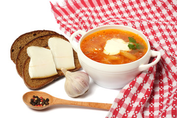 borsch borscht borshch in plate with wood spoon and black bread isolated on white