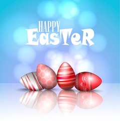 Vector beautiful 3d illustration. Painted eggs in resurrection of Christ. Easter holiday, greeting card.