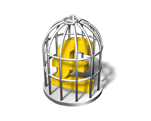 Golden pound symbol in the silver cage, 3D illustration