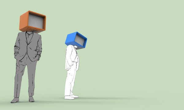Businessmans symbol wearing a Digital Tv Mask Drawing / Cartoon and Green background