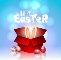 Vector 3d illustration, easter card. Easter bunny in a red box and colored 3d eggs.