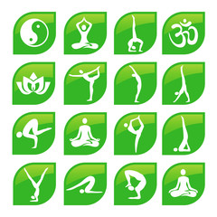 Yoga web icons leaf shaped.
Set of green modern web icons for  fitness and yoga activities. Vector available.