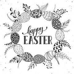 Easter wreath with hand drawn eggs and floral elements isolated on white background. Decorative frame from easter eggs with ornaments  in circle shape.