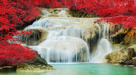 Landscape photo, Waterfall in autumn forest at Erawan waterfall National Park, Thailand