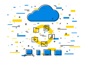 Cloud storage data transfer vector illustration. Wireless file transfer network technology creative concept. Remote internet storage for files graphic design. Online file synchronization.
