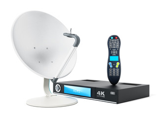 Satellite dish, 4K ultra HD receiver, remote controller. 3D illustration © Destina