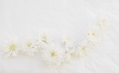 Crumpled white paper. Background with white flowers on crumpled white paper.
