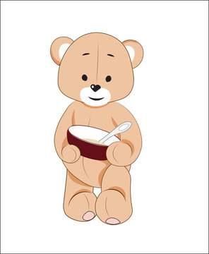 teddy bear with a plate of porridge