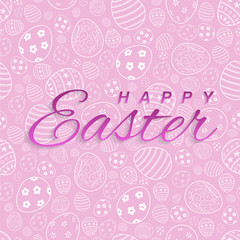 Happy Easter text on pink easter background for greeting card. Vector template.