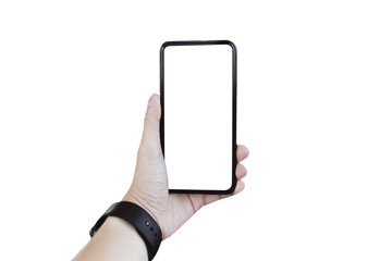 Close up left hand wearing watch and holding cell telephone with blank copy space screen for your advertising text message or promotional content isolate on white background.