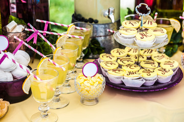 Delicious sweeties and beverages, staying on dessert table