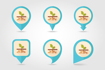 Plant with roots flat vector pin map icon, garden