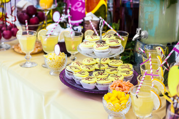 Delicious sweeties and beverages, staying on dessert table