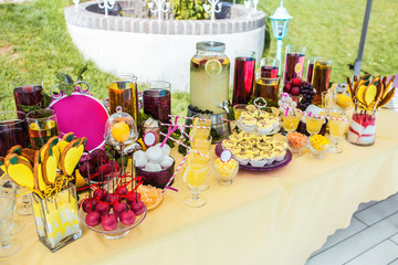 Delicious sweeties and beverages, staying on dessert table