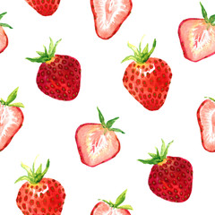 Strawberries and wild strawberries variety and cut slice, seamless pattern design hand painted watercolor illustration