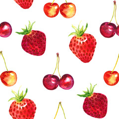 Strawberries, wild strawberries, cherries and sweet cherries variety, seamless pattern design hand painted watercolor illustration