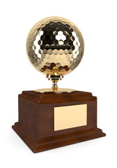 3d render of trophy with gold golf ball over white