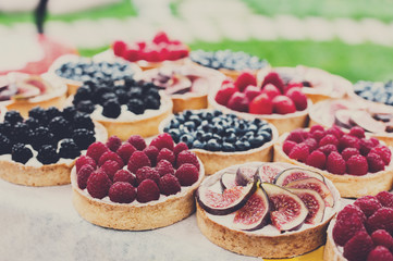 Fruit and berry tarts dessert tray assorted outdoors
