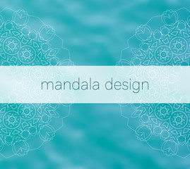 Blue water tribal background with mandalas. Ethnic ornament. Mandala design text. Boho decorative elements. For yoga studio or meditation classes, flyer, card, invitation. Vector EPS10 illustration.