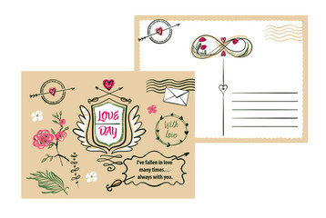 Obraz premium Freehand drawn typography postcard on color background. Stylish illustration with vector flower design for greeting cards, flyer, banner, poster, save the date card. Image shield, wing, text love day