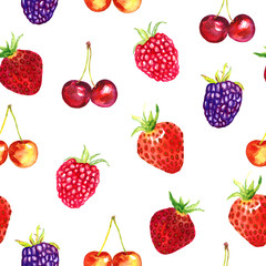 Strawberries, wild strawberries, blackberries, raspberries, cherries and sweet cherries variety, seamless pattern design hand painted watercolor illustration