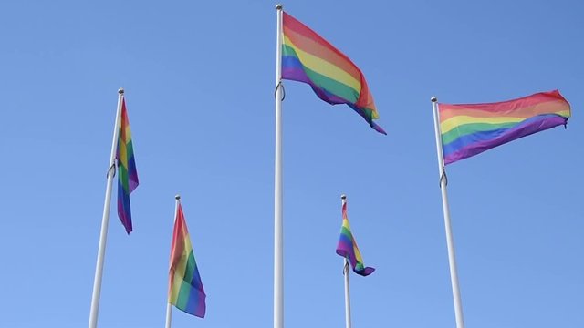 Rainbow flags proudly waving in a bright blue sky.