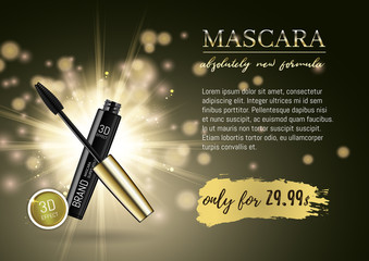 Luxury mascara ads, black and gold package with eyelash applicator brush with mascaras stroke palette on VIP shine glitter background. Vector 3d realistic illustratrion.