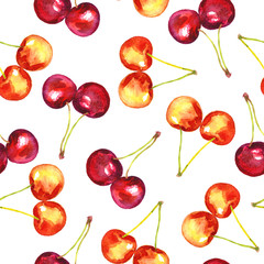 Cherries and sweet cherries variety (yellow and red), seamless pattern design hand painted watercolor illustration