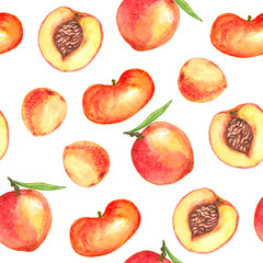 Peaches variety with leaves and cut slices with pit, seamless pattern design hand painted watercolor illustration