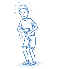Young boy holding his stomach in pain. Hand drawn cartoon doodle vector illustration.