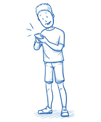 Happy young boy using his smart phone. Hand drawn cartoon doodle vector illustration.