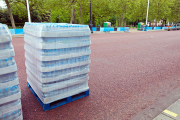 Pallet  of water bottles ready for distribution