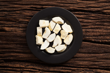 durian zibethinus king of fruit freeze dry on wooden background