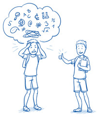 Young boy with school bag in two emotions, happy and confused. Concept for school coaching. Hand drawn cartoon doodle vector illustration.