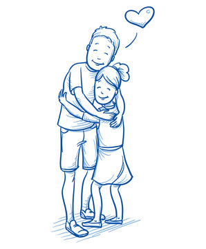 Happy young boy hugging his younger sister, love between brothers and sisters. Hand drawn cartoon doodle vector illustration.