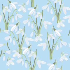 Materiał do szycia illustration of seamless pattern First Snowdrops Galanthus Flowers. Spring background, wallpaper and printable wrapingpaper.