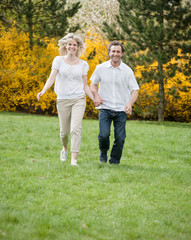 Couple running through park holding hands