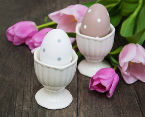 Easter eggs and tulips