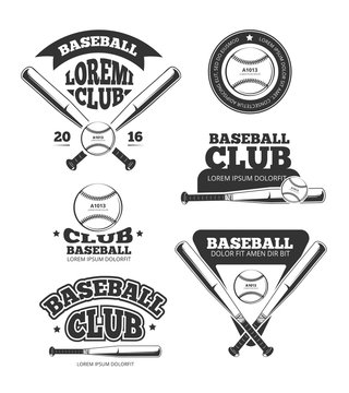 Vintage baseball sports, old vector logos and labels set with bats and softball