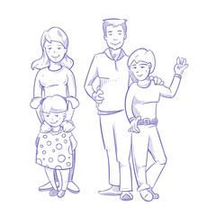 Happy family with young children hand drawn, doodle vector illustration