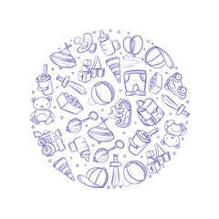 Doodle baby toys vector icons in circle design