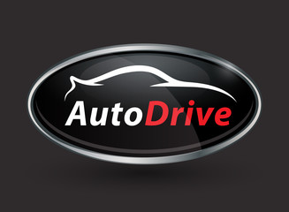Concept auto vehicle dealership logo design of black and silver chrome badge icon on a dark grey background with a white sports car silhouette. Vector illustration.
