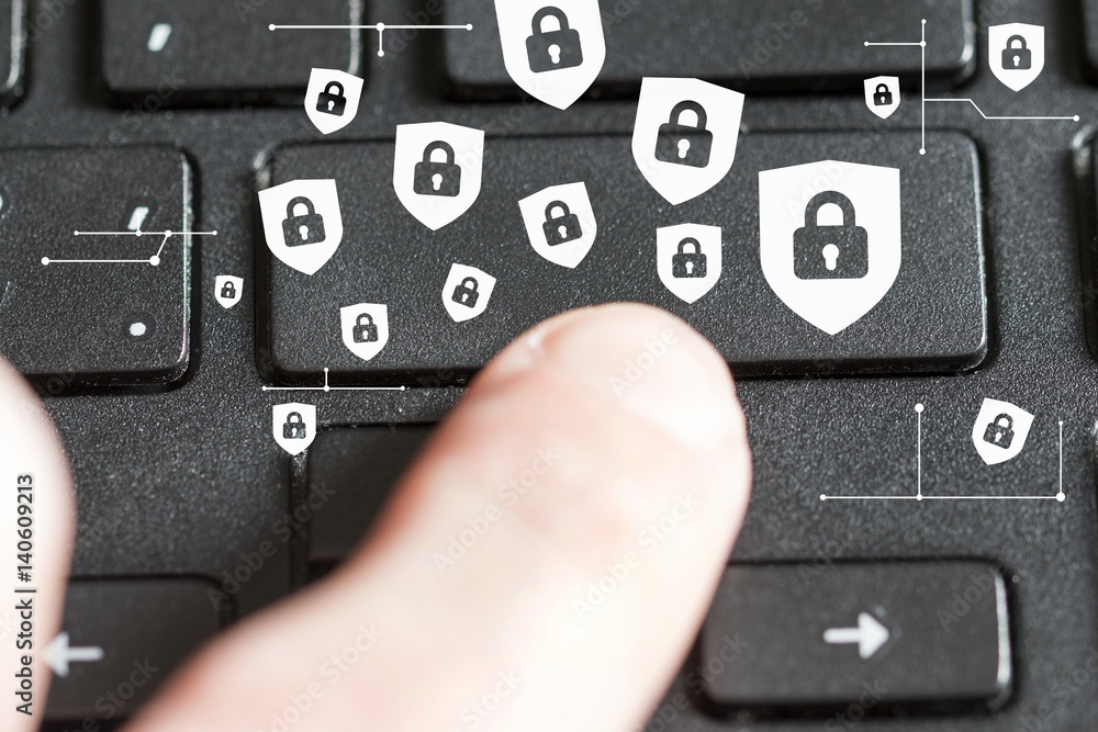 Poster businessman pushing button locked shield virus security on keyboard in network