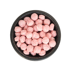 Sweet Fruit Pink Corn Balls Snack in Round Bowl Top View