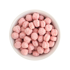 Sweet Fruit Pink Corn Balls Snack in Round Bowl Top View
