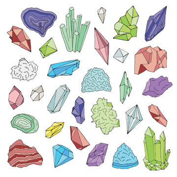 Minerals, crystals, gems Isolated color vector illustration hand drawn set