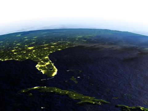 East coast of USA at night on realistic model of Earth